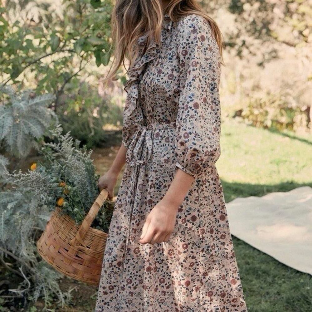 Christy Dawn The Plum Dress S Sand Anemone Vine Puff Floral Ruffle Paisley Boho - Picture 4 of 13